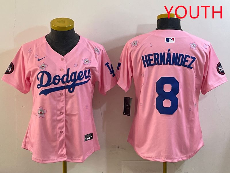 Youth Los Angeles Dodgers #8 Hernandez Pink Sakura Edition 2025 Nike MLB Jersey style 2